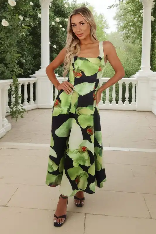Black And Green Floral Print Square Neck A-line Midi Dress