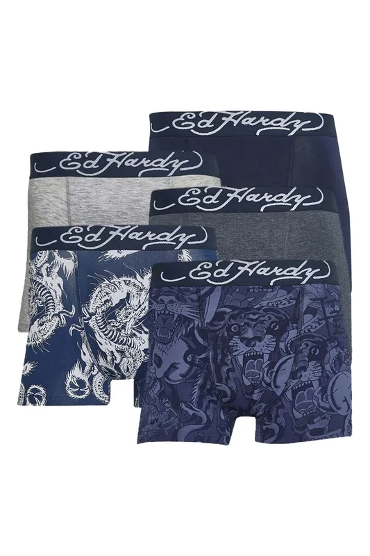5 Pack Cotton Rich Stretch Boxers Elastic Waistband Blue Underwear - Ed Hardy