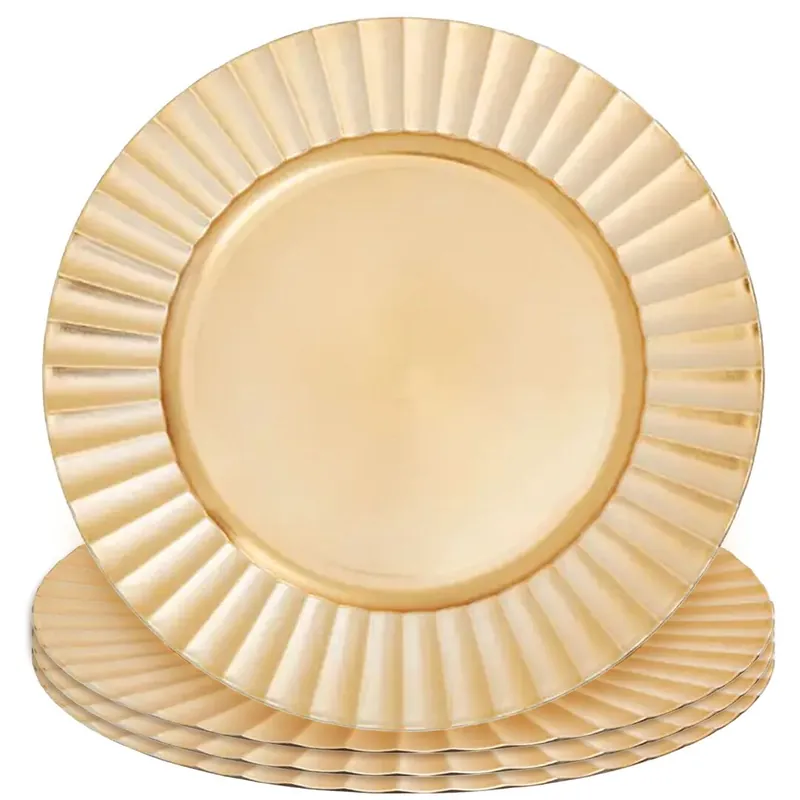 Set of Four 33cm Dia Gold Finish Wave Rim Charger Plates - Orsina