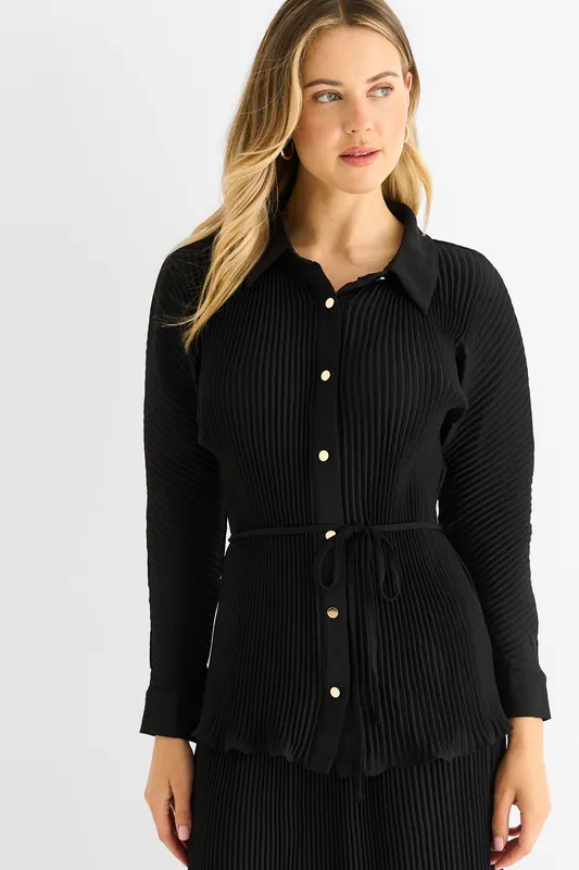 Black Plisse Button Through Shirt - Gini London