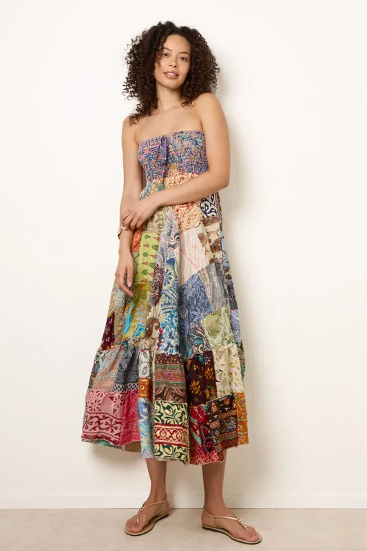 Multi Shirred Patchwork Art Bandeau Dress - Blue Vanilla