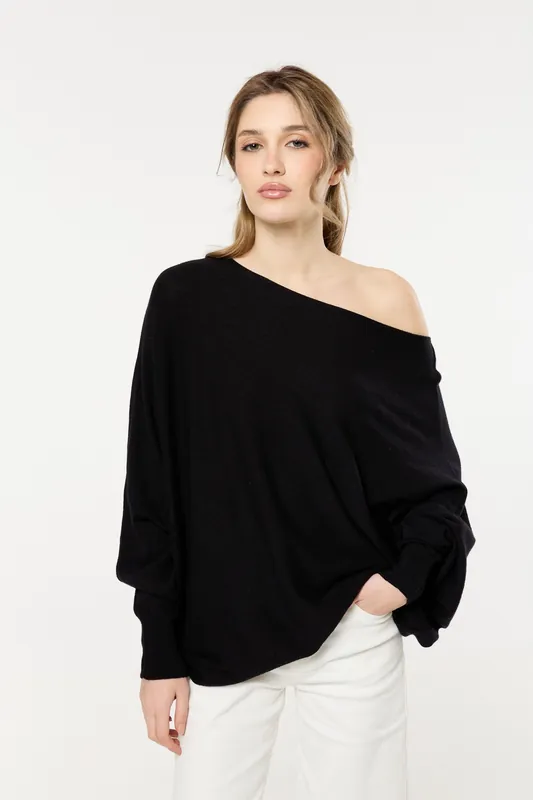 Black Wool Blend Off Shoulder Batwing Knit Jumper - Liquorish