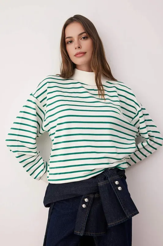 Striped High Neck Fleece Sweatshirt - WOVCOR