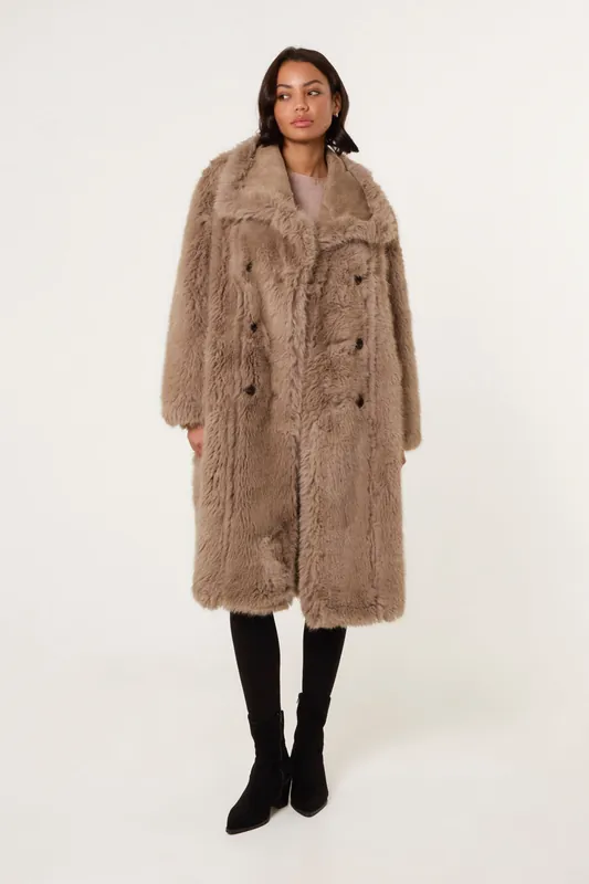 Camel Reversible Midi Faux Fur Coat - Blue Vanilla