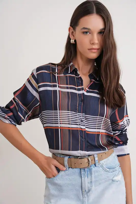 Plaid Button-Up Satin Shirt