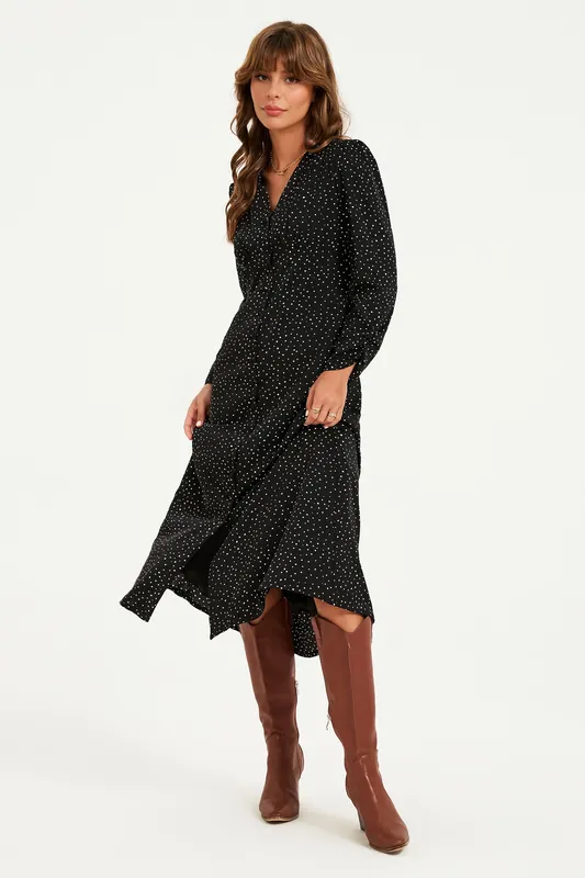 Dot Print Long Sleeve Button Front Midi Dress In Black - FS Collection