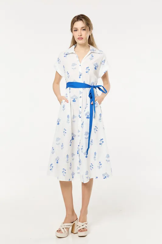 Blue Floral Cotton Shirt Midi Dress - Liquorish
