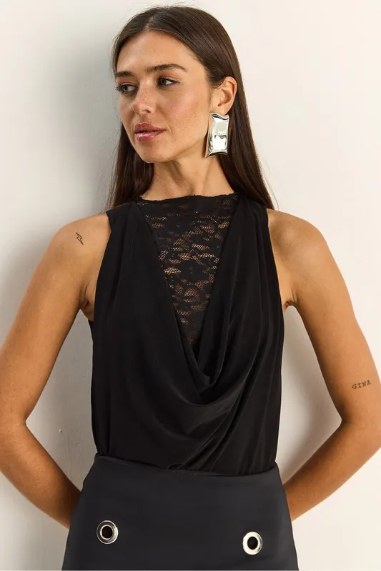 Lace Cowl Neck Sleeveless Blouse - Bianco Lucci