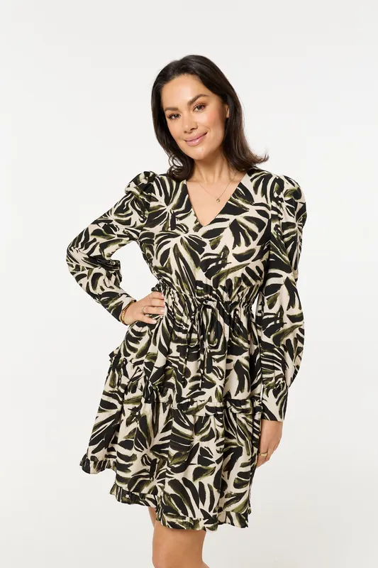 Khaki Leaf Print Long Sleeve Mini Dress - Liquorish