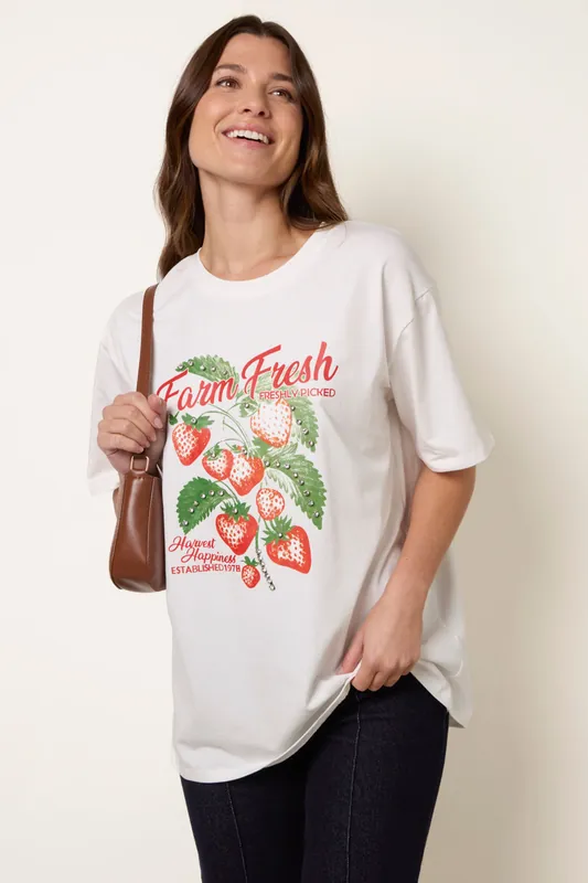Ivory Strawberry Graphic Print Crew-Neck T-shirt