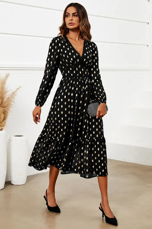 Gold Foil Lace Trim Long Sleeve Midi Dress - FS Collection