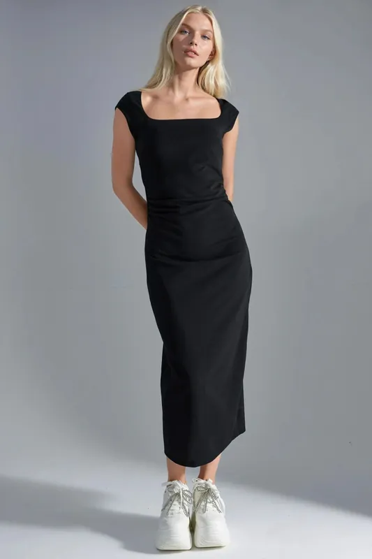 Square Neck Slit Detailed Midi Dress - Busem