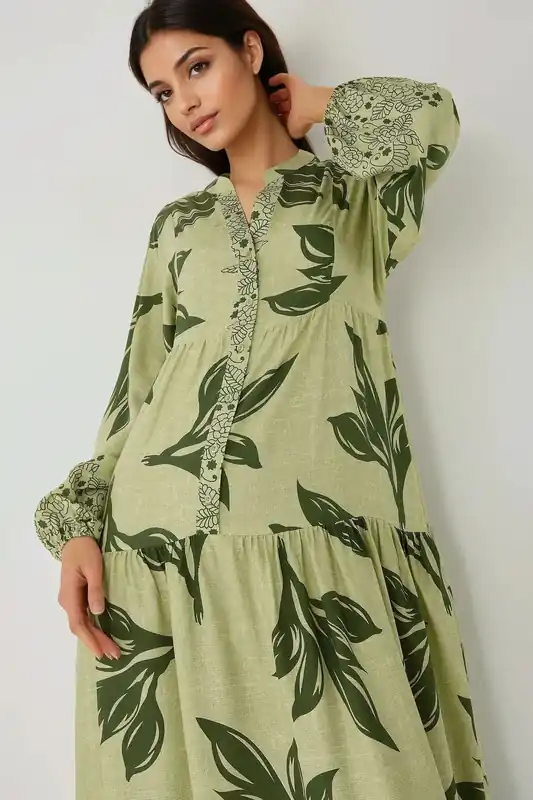 Printed Long Sleeve Viscose Maxi Dress - Hiccup