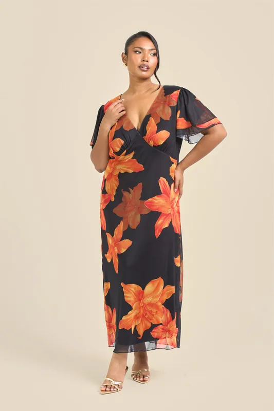 Curve Flutter Sleeve Bold Floral Midi Dress - FASHION-SZN