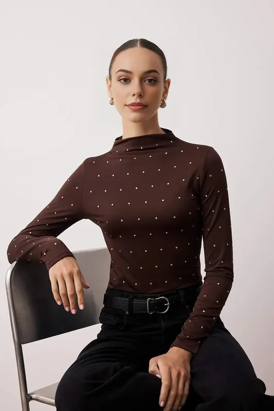 High Neck Stretch Knit Blouse with Stud Embellishment Detail - WOVCOR