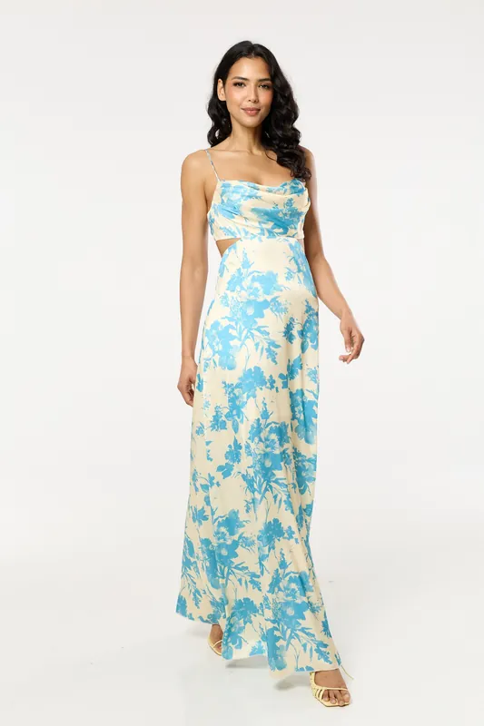 Blue Floral Cut Out Maxi Dress - Liquorish