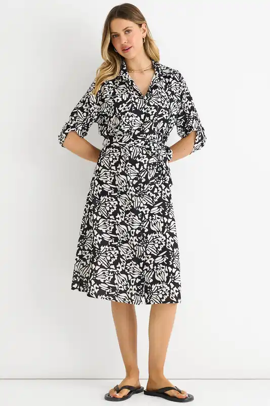 Black Button Through Belted Shirt Midi Dress - Gini London