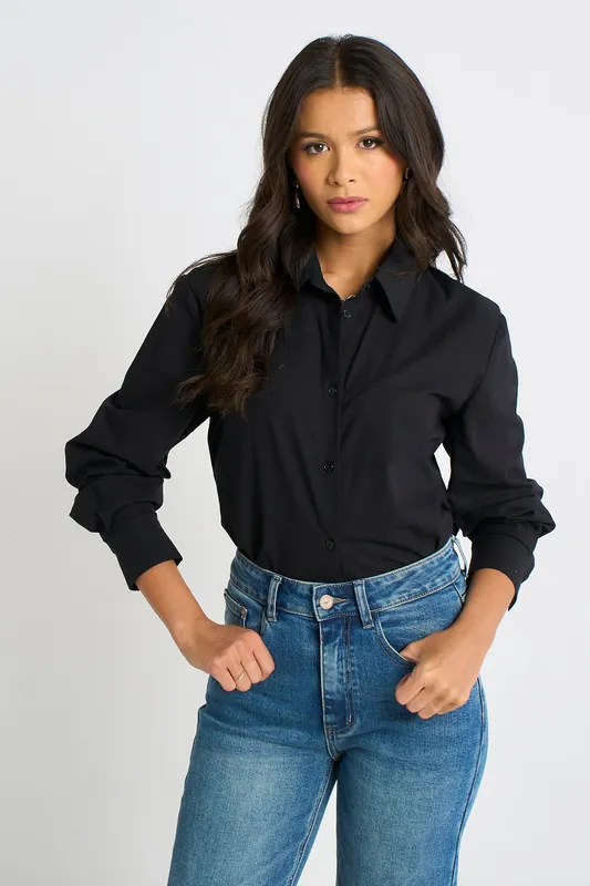Black Linen Mix Button Through Shirt - Gini London