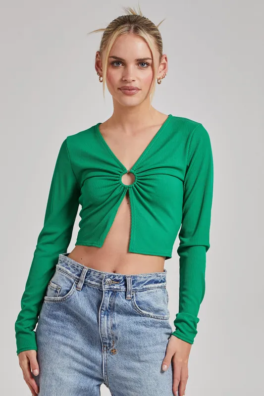 Green Long Sleeve Cut Out Ribbed Top - Pink Vanilla