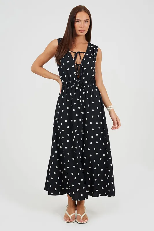 Polka Dot Sleeveless Maxi Dress With Front Tie - Brave Soul