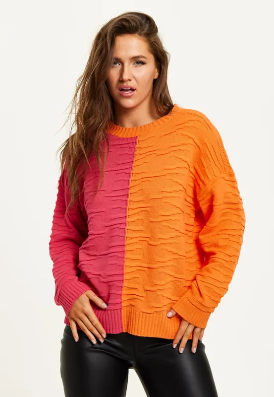 Colour Block Jumper In Orange And Pink - Liquorish