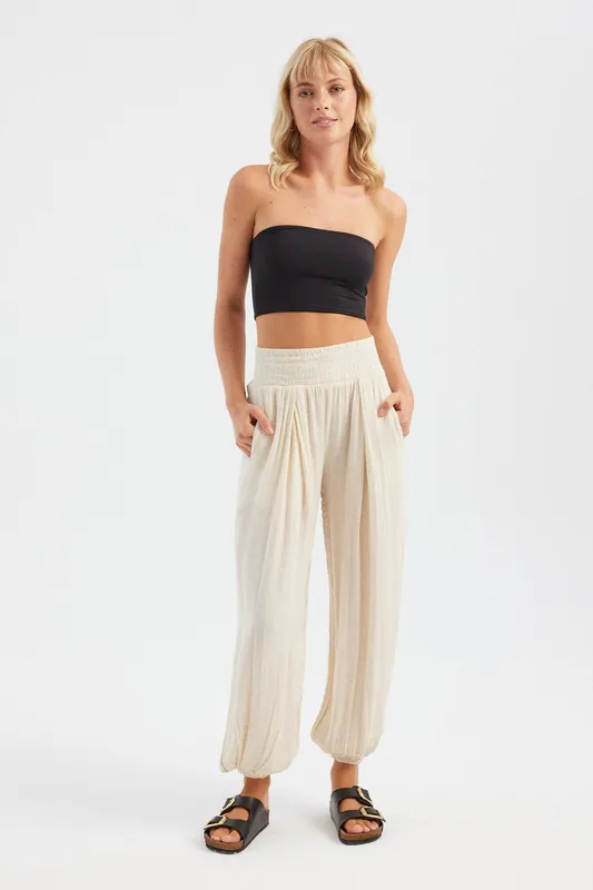 Muslin High Waist Elastic Waist Pleated Trousers - Hiccup
