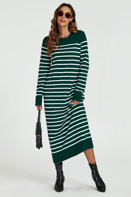 Stripe Pattern Knitted Tunic Jumper Dress In Dark Green - FS Collection
