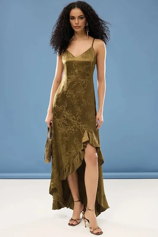 Satin Strappy V Neck Maxi Dress with Asymmetric Hem Detail - WOVCOR