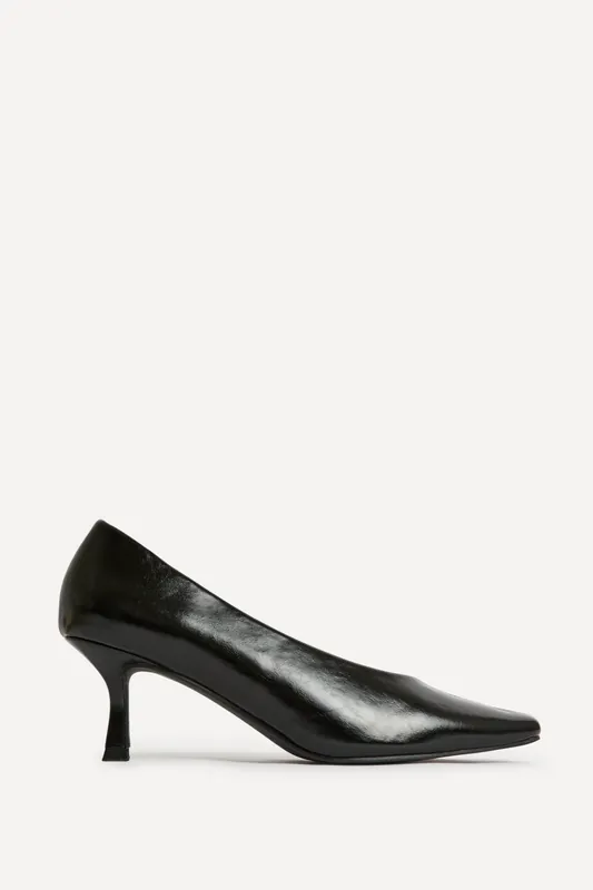 Delaney Black Faux Leather Square Toe Court Heels - Linzi