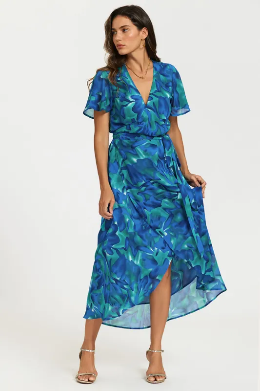 Abstract Floral Print Wrap Maxi Dress In Blue - FS Collection