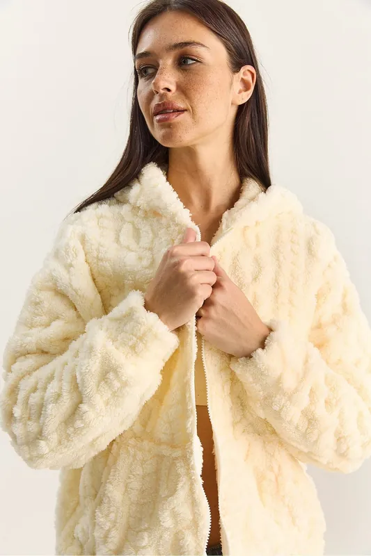 Hooded Textured Knitted Cardigan with Zipper - Bianco Lucci