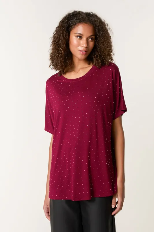Dark Red Stud Detail Round Neck T-shirt