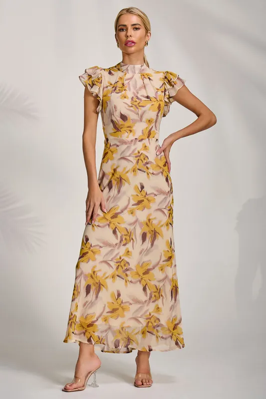 High Neck Ruffle Sleeve Chiffon Maxi Dress - Jolie Moi
