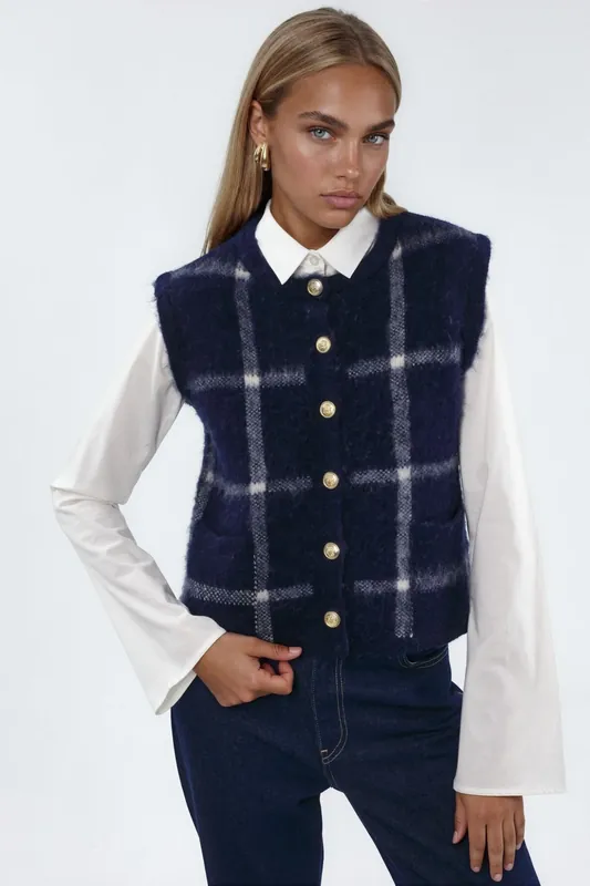 Plaid Crew Neck Sweater Vest with Buttons - Hiccup