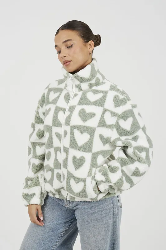 Heart Print Zip Through Sherpa Fleece - Brave Soul