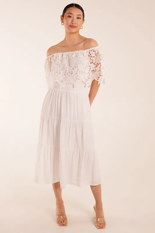 Crochet Lace Shirred Waist Midi Dress - Blue Vanilla