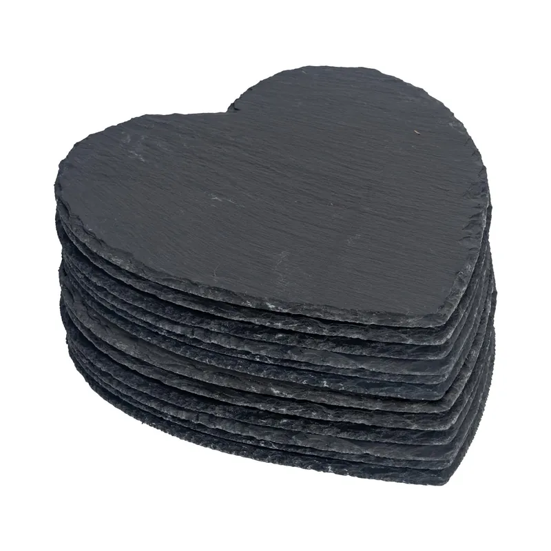 Heart Slate Placemats - 25cm - 12x Large Natural Black Stone Dining Table Dinner Serving Board Platter Place Mats Sets
