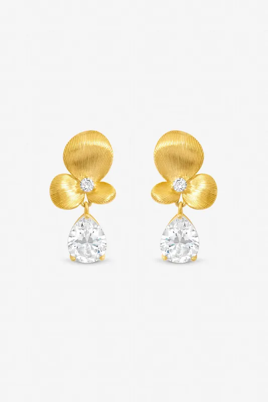 Gold Plated Brushed Floral and Crystal Drop Earrings - Jon Richard
