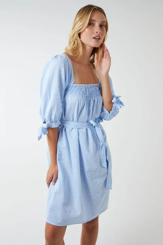 Milkmaid Square Neck Shirred Swing Dress - Blue Vanilla
