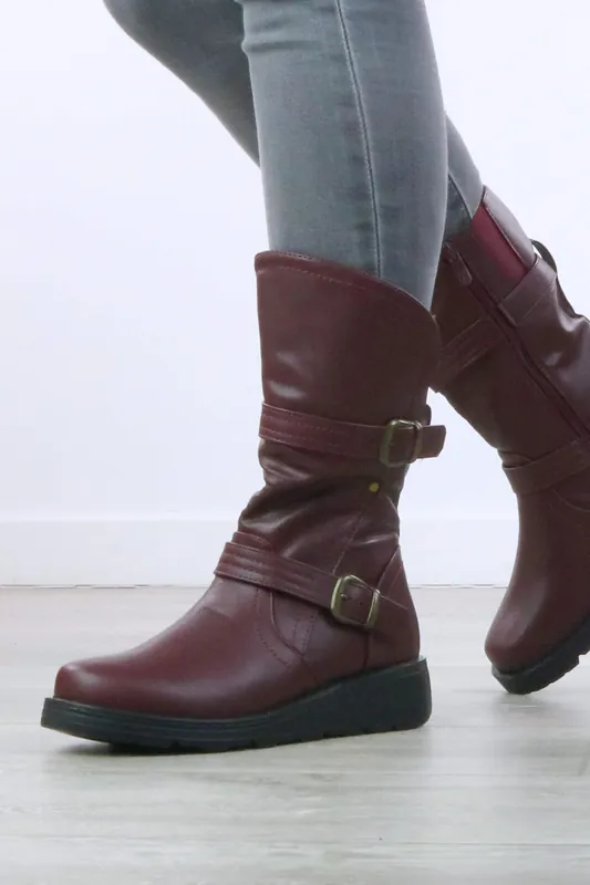 Low Wedge Biker Comfort Calf Boots - AJVANI