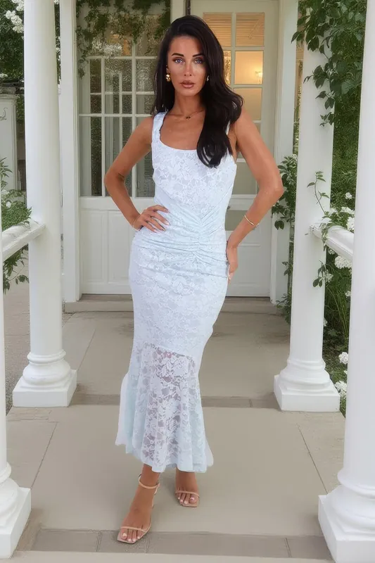 Ice Blue Lace Ruched Detail Fishtail Midi Dress - AX Paris
