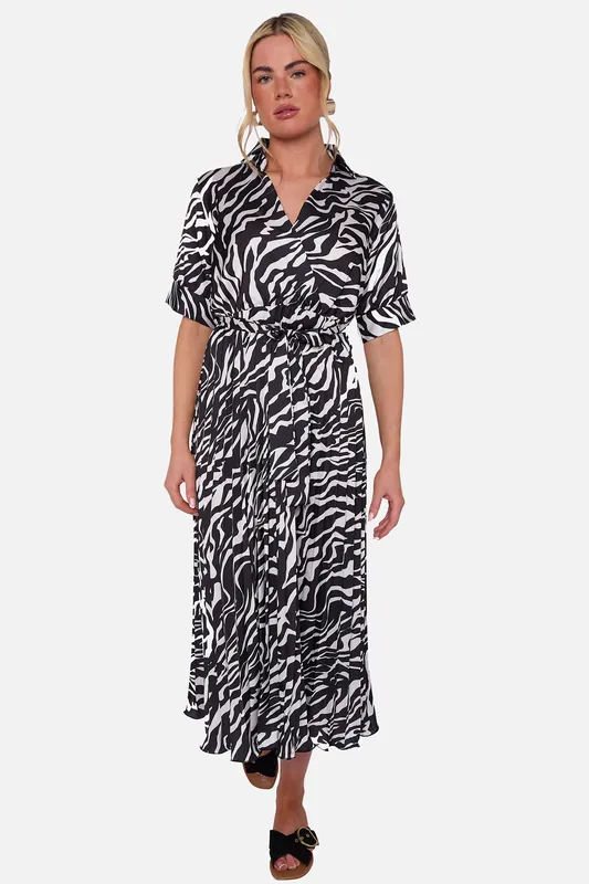 Black Zebra Pleated Belted Wrap Midi Dress - Gini London