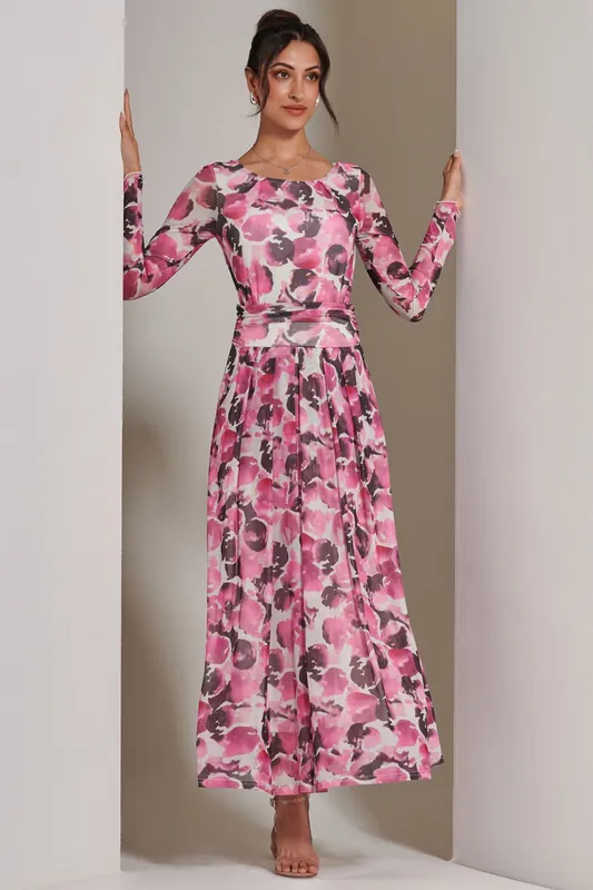 Long Sleeve Printed Mesh Maxi Dress - Jolie Moi