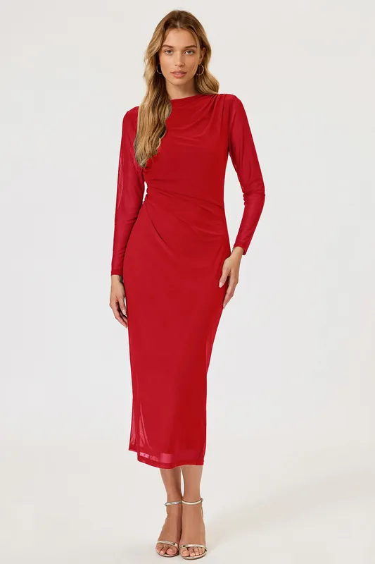 Ruched Mesh Long Sleeve Midi Dress - FS Collection