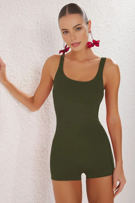 Square Neck Sleeveless Fitted Swimsuit with Stretch Fabric - WOVCOR