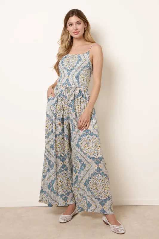 Blue Shirred Drawstring Jumpsuit - Blue Vanilla