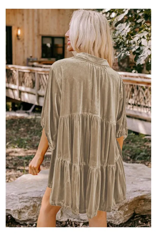 Pale Khaki 3/4 Sleeve Tunic Babydoll Velvet Shirt - Everyday The Label