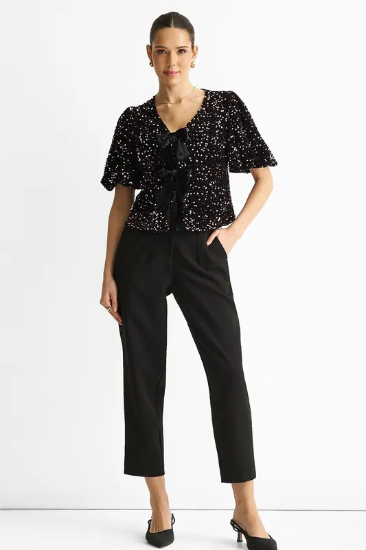 Purple Velvet Sequin Bow Front Bubble Sleeve Top - Gini London