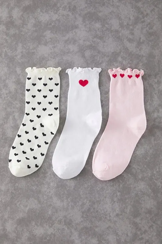 3 Pack Cotton Heart Jacquard Knit Crew Socks - WOVCOR