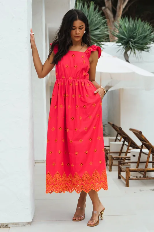 Pink Ruffle Sleeves Broderie Sun Dress - Gini London